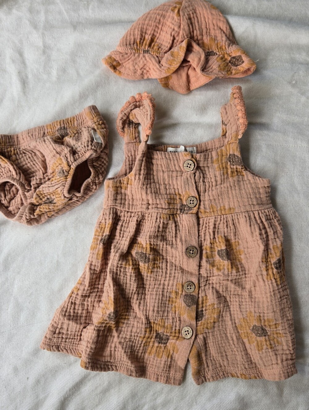 Rabbit + Bear Organic Cotton Peach Color 3 Piece Dress Set Sunflowers